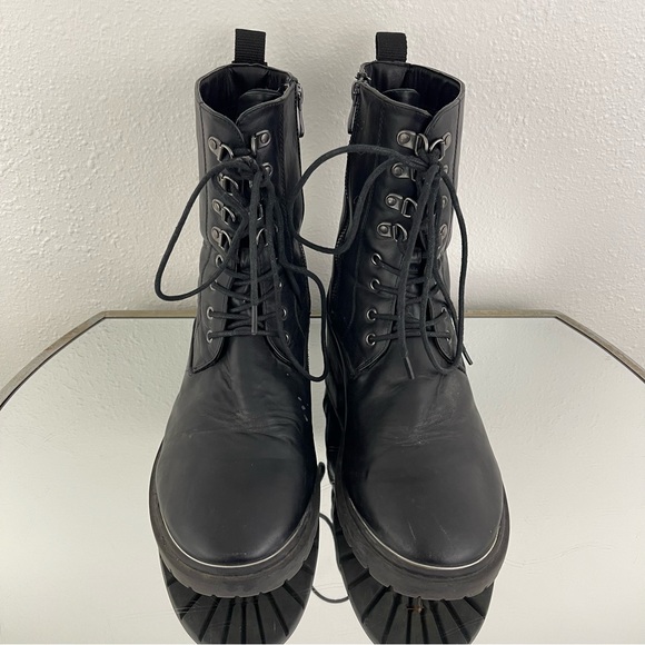 TORRID Black Dark Grey Faux Leather Metal Heel Mid Calf Lace Up Combat Boots - Picture 6 of 14
